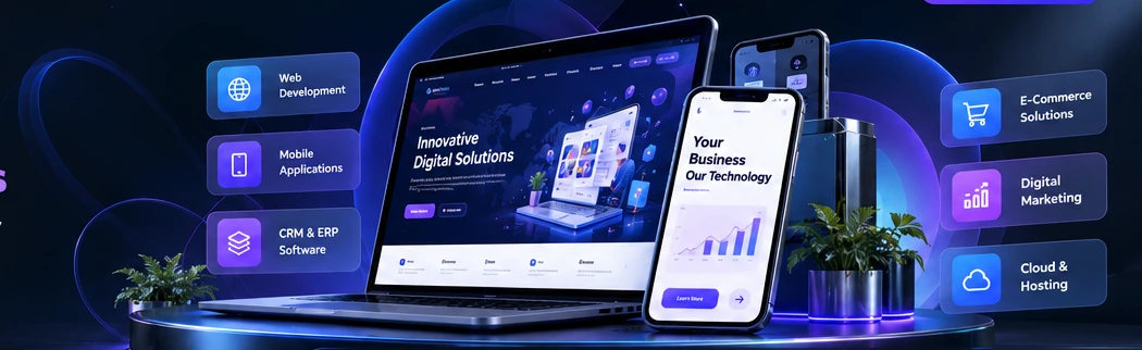 Futuristic laptop and mobile digital solutions showcase